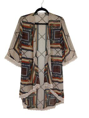 Boho-Inspired Sheer Kimono Cardigan Crochet Lace Trim Paisley Print S G Collecti